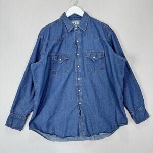 ELY Cattleman Pearl Snap Denim‎ Shirt Mens XL Blue Cowboy Western Rodeo Ranch